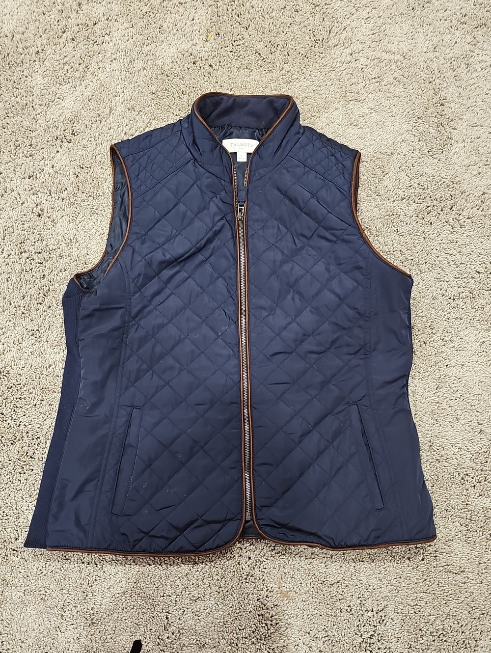 Talbots Navy Quilted Vest with Brown Trim